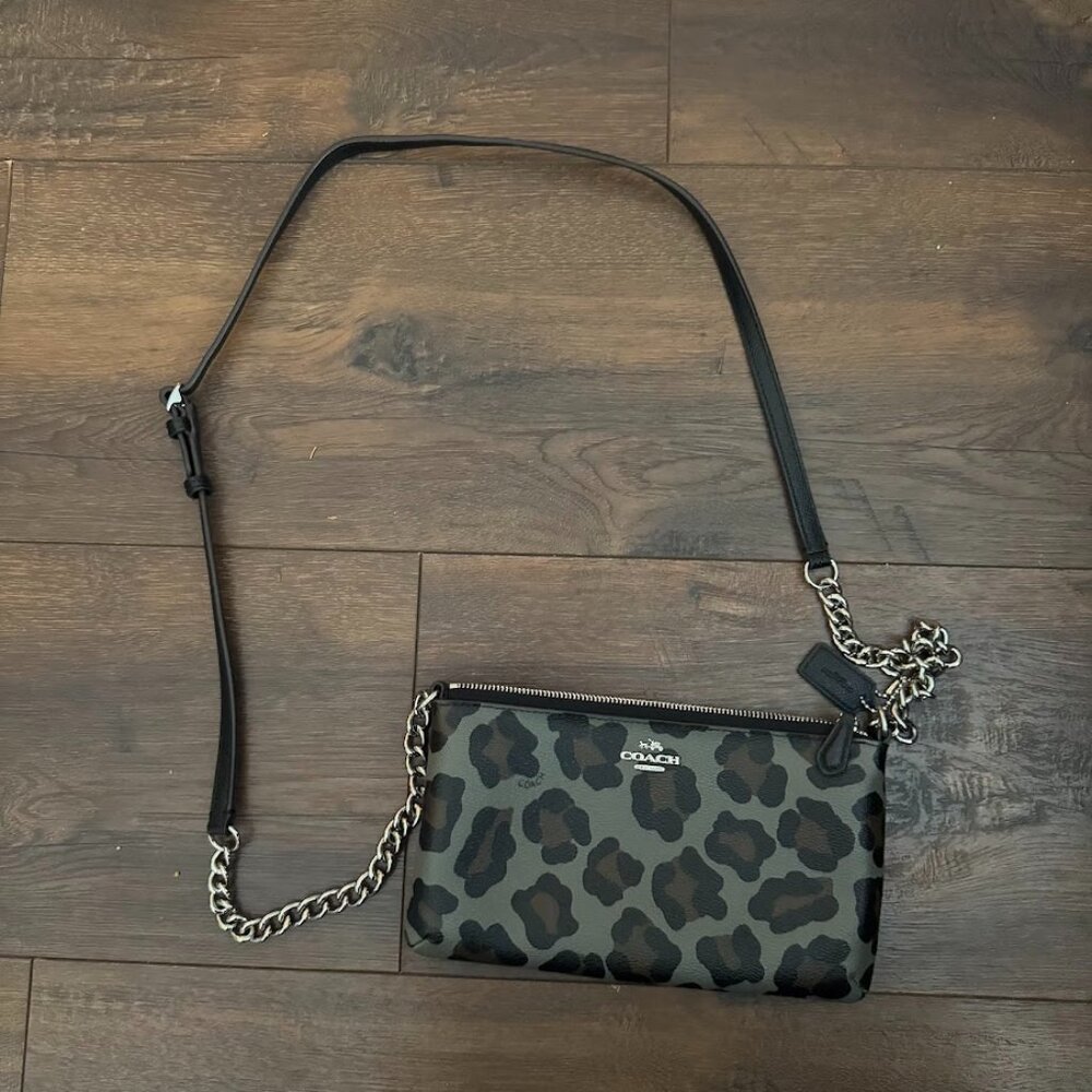 Coach Black and Dark Green Leopard Print Crossbody Bag